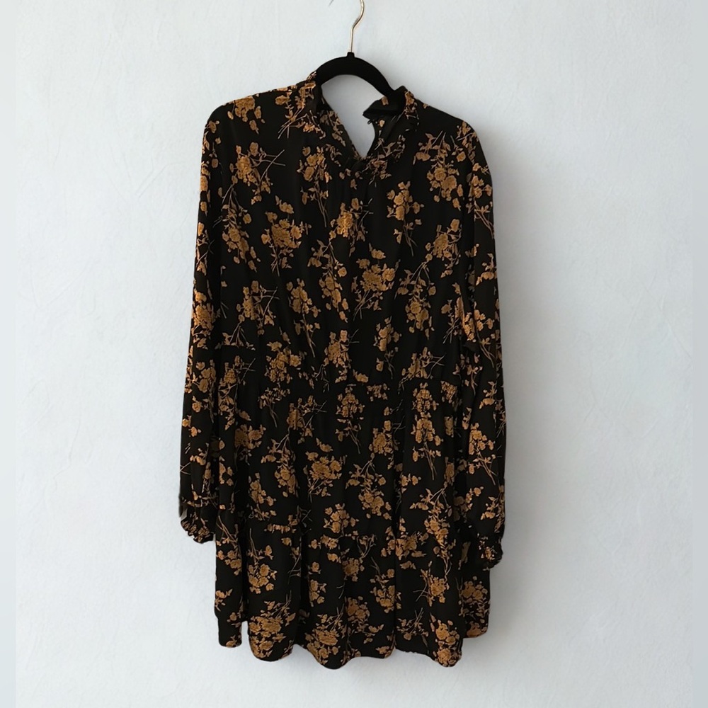 Long Sleeve 2xl Floral Black and Brown Dress
